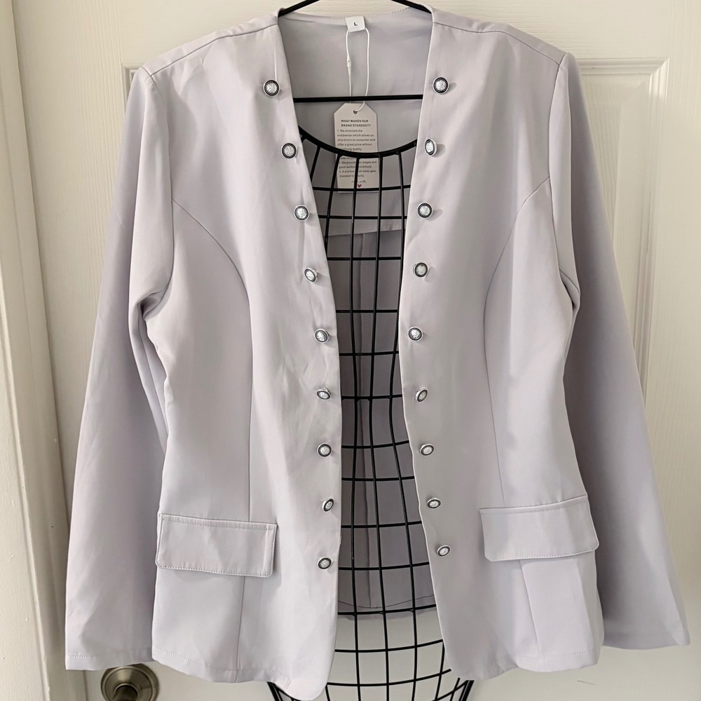 NWT Collarless Open Front Blazer Military Button Detail Size L Minimalist Jacket